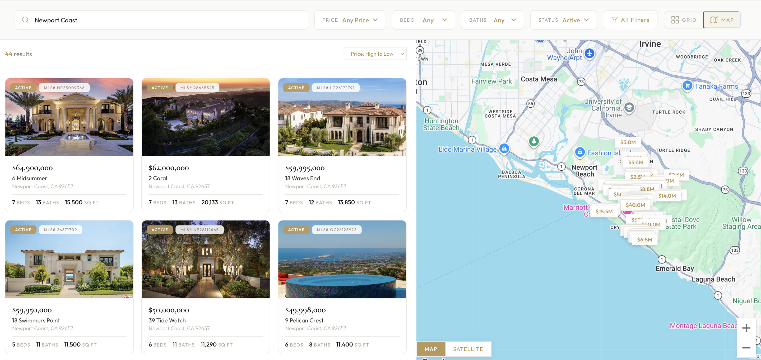 Custom native IDX: listing grid beside an interactive map, restyled to the site palette