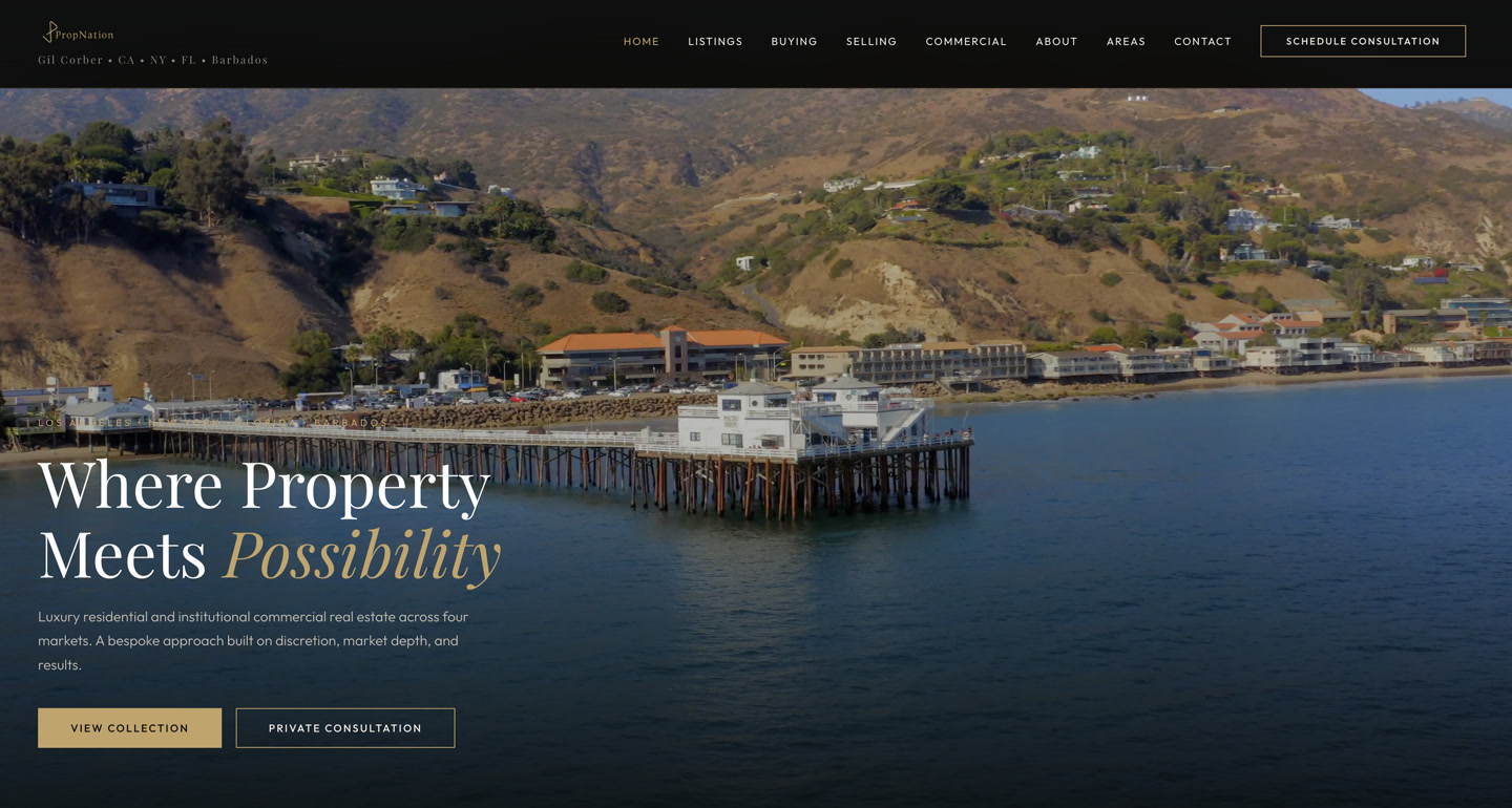 PropNation homepage, Where Property Meets Possibility, with the coastline photograph and Gil Corber's menu.