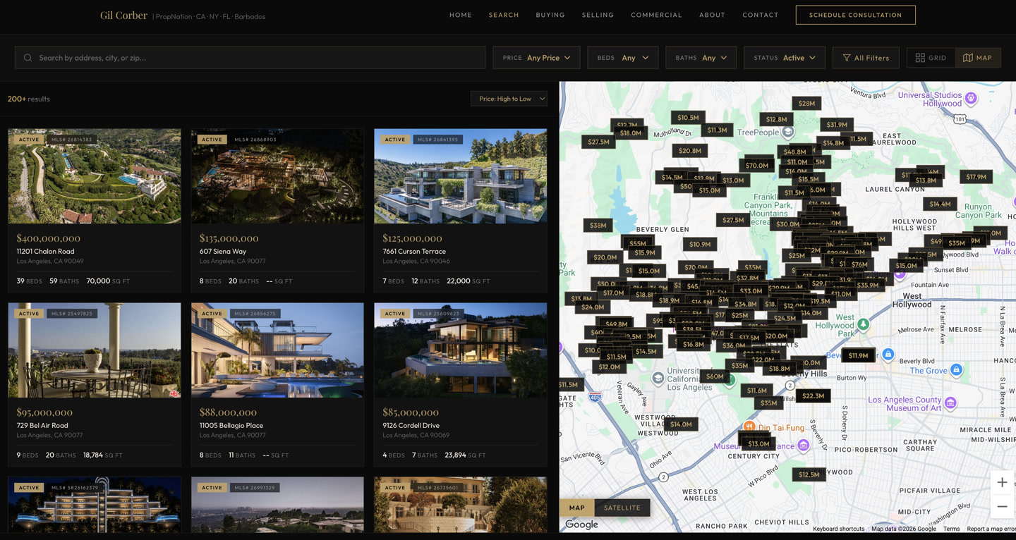 PropNation map search with listing cards beside a map of Los Angeles prices.