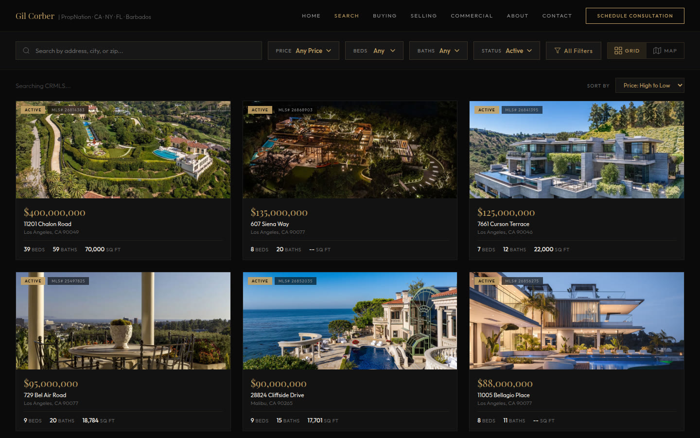 PropNation IDX search with price, beds, baths, and live CRMLS listing cards.