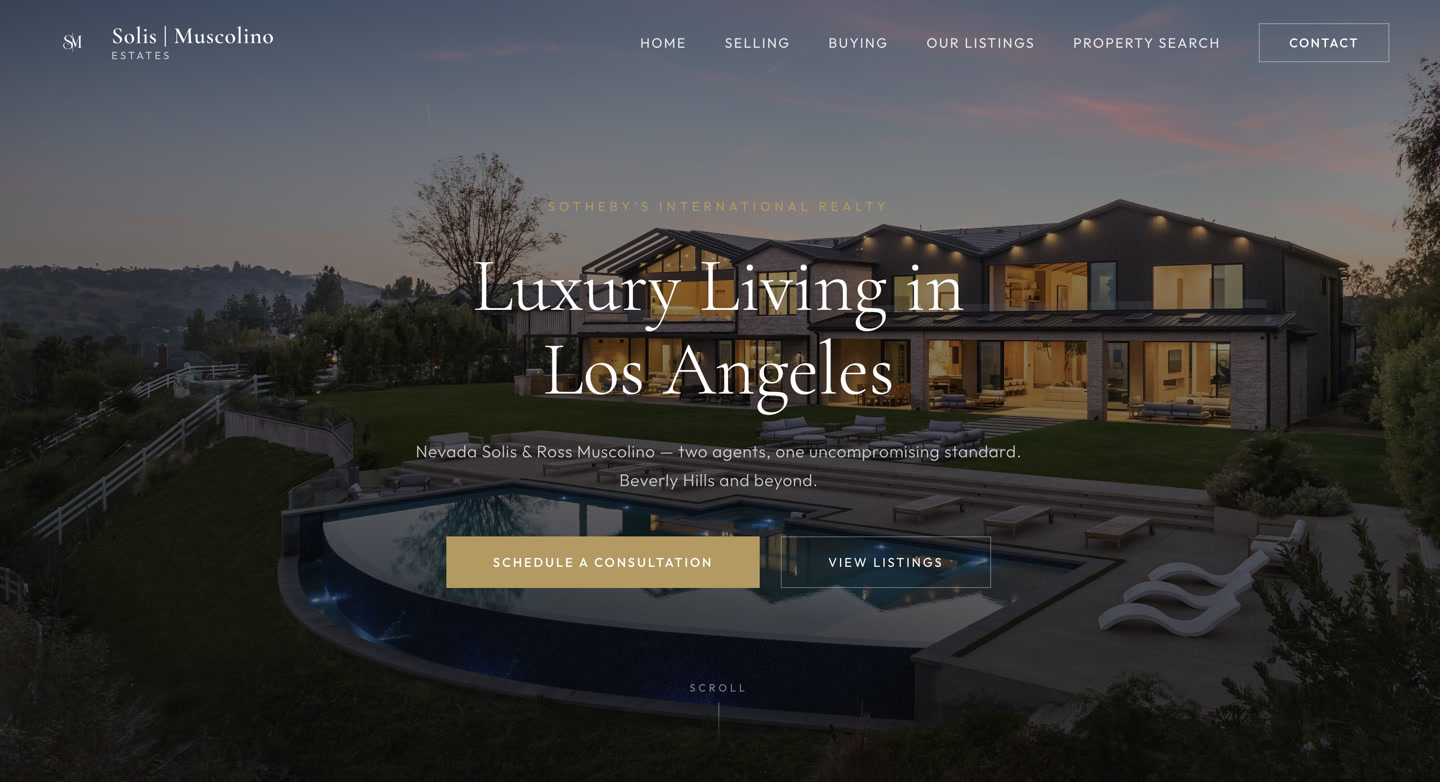 Solis Muscolino homepage, Luxury Living in Los Angeles, with Nevada Solis and Ross Muscolino.