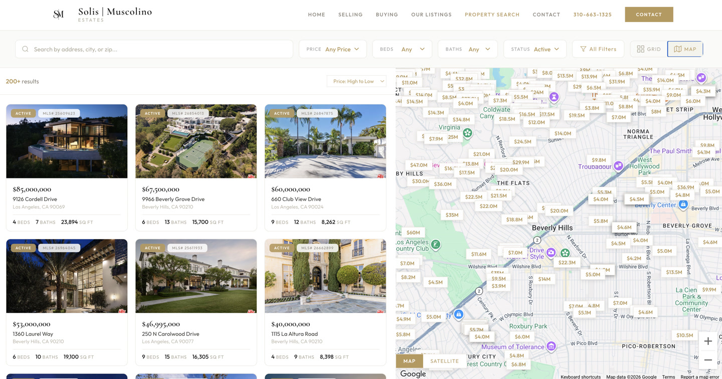 Solis Muscolino property search with the listing grid beside a map of Beverly Hills.