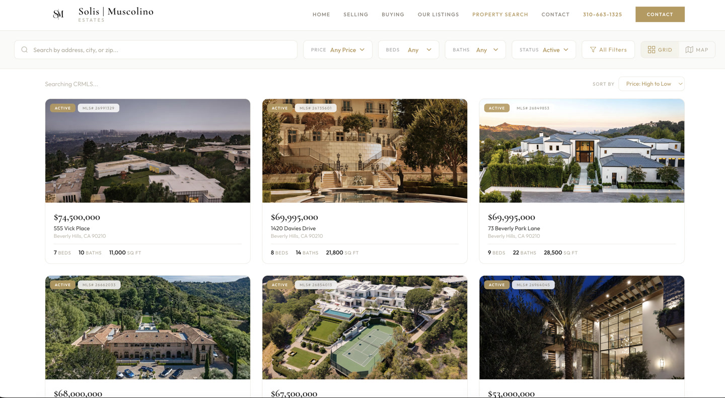 Solis Muscolino property search with Beverly Hills listings and filters for price, beds, and baths.