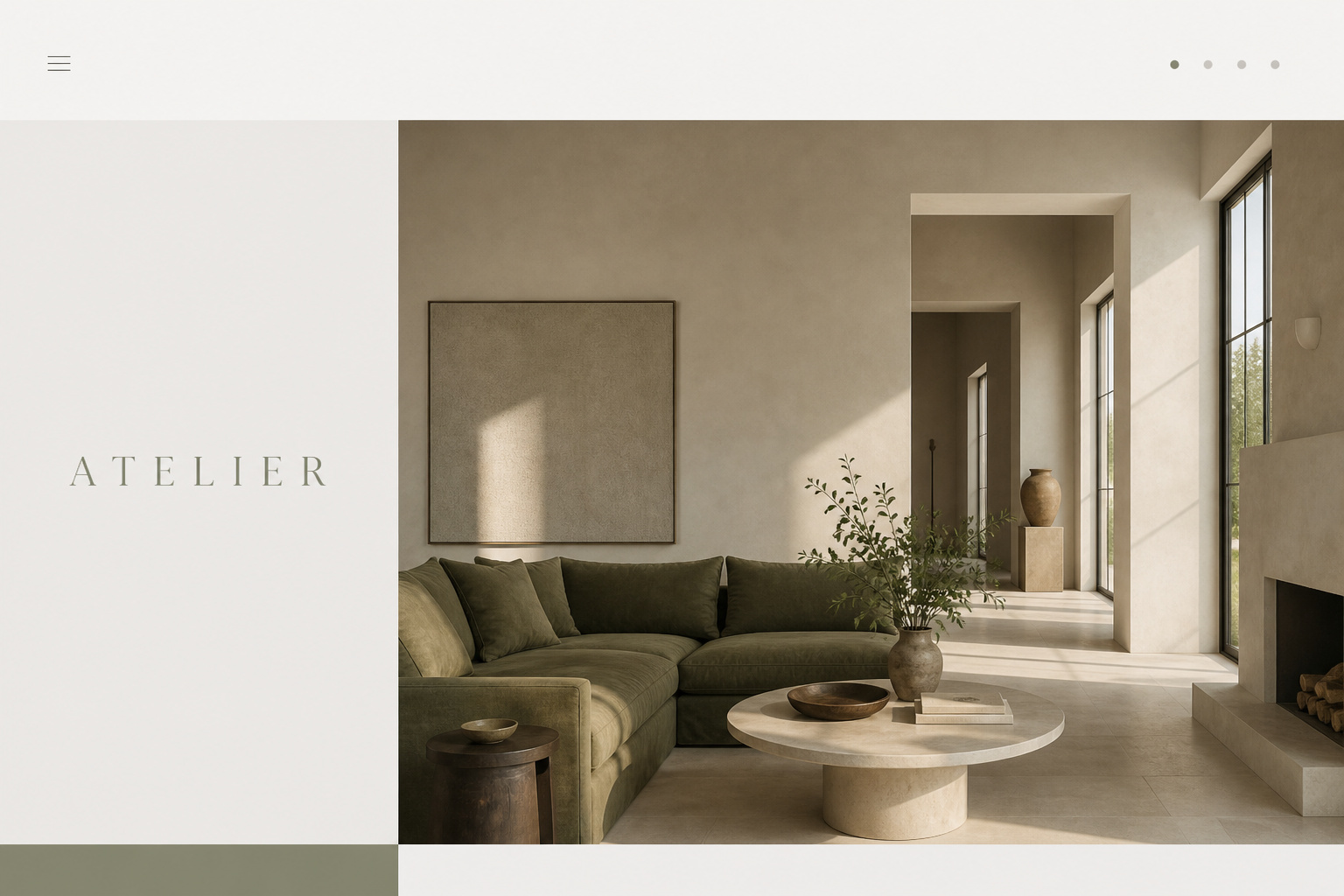 Atelier template study — quiet studio homepage with plaster and linen