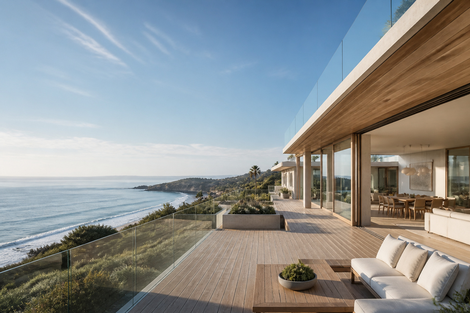 Coast template study — waterfront house, teak deck, Pacific light