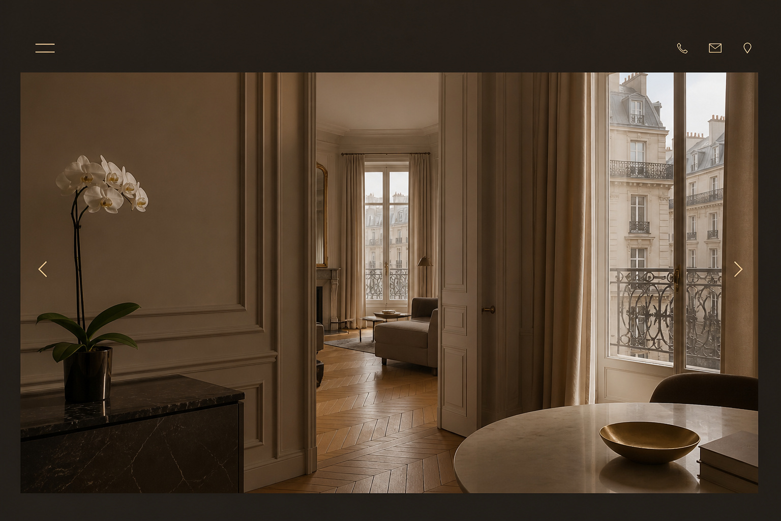 Maison template study — boutique European interior with herringbone floors