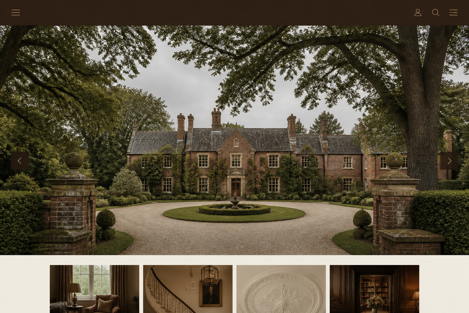 Sovereign template study — heritage estate homepage with brick and oaks